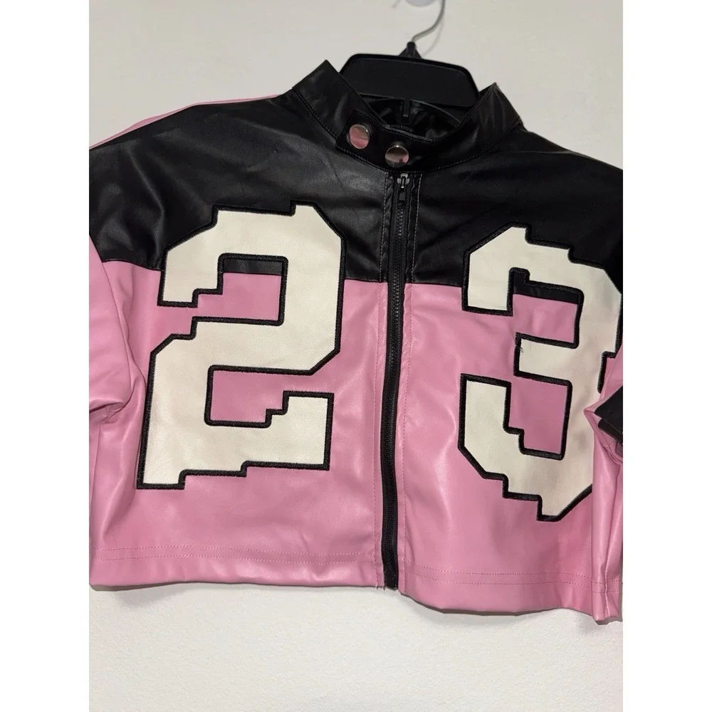Leather Cropped Motorcycle Y2K Letter Bomber Jacket Size XS